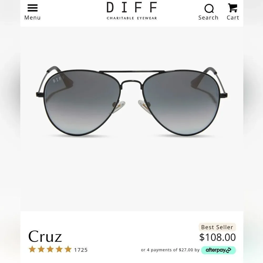 NIB Diff Cruz Black Grey Gradient Sunglasses FK-BKGG-6